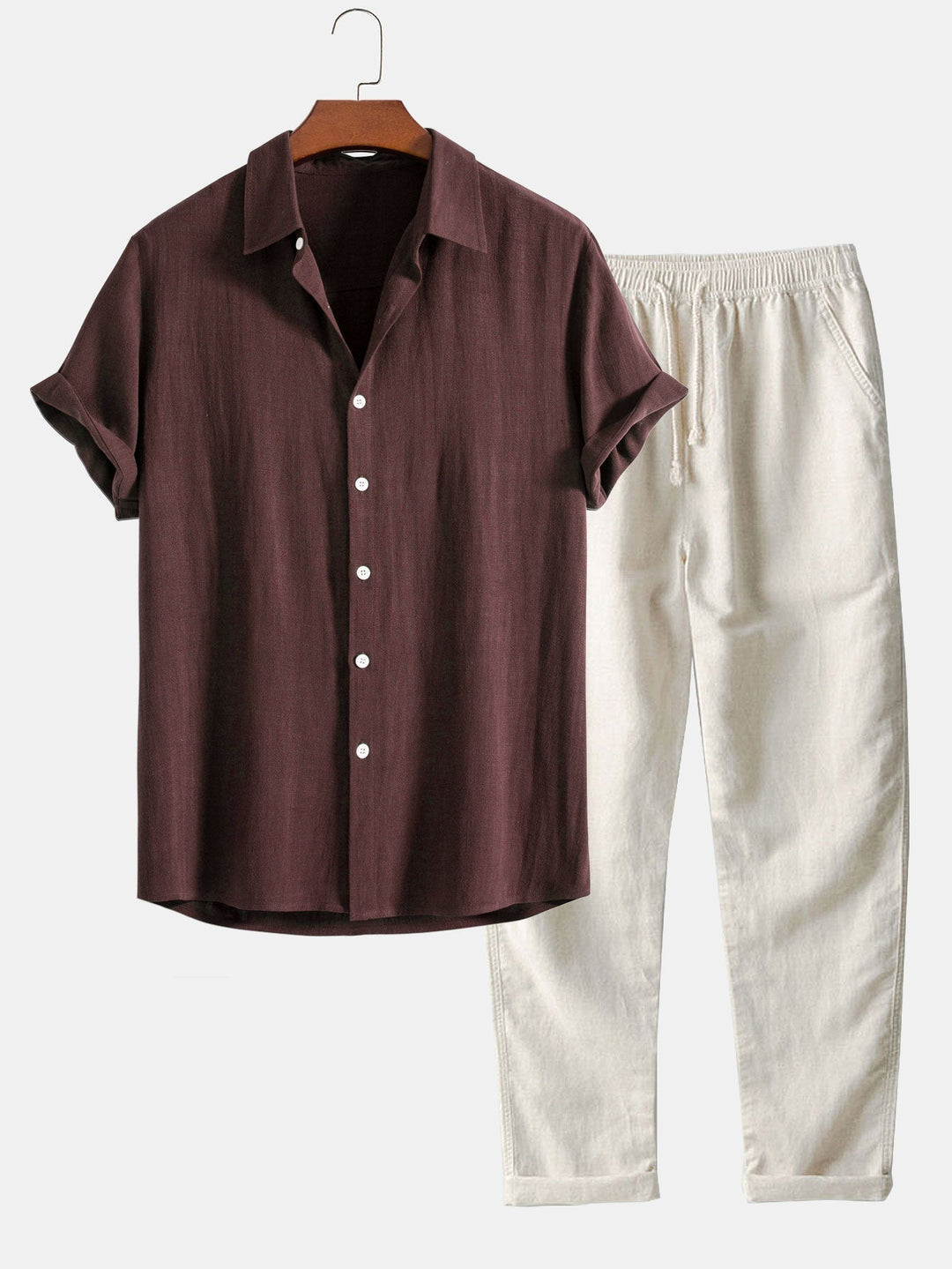 Homme Ensemble Chemise Manches Courtes col Mao et Pantalon Regular Fit