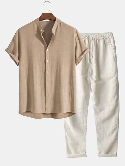 Homme Ensemble Chemise Manches Courtes col Mao et Pantalon Regular Fit