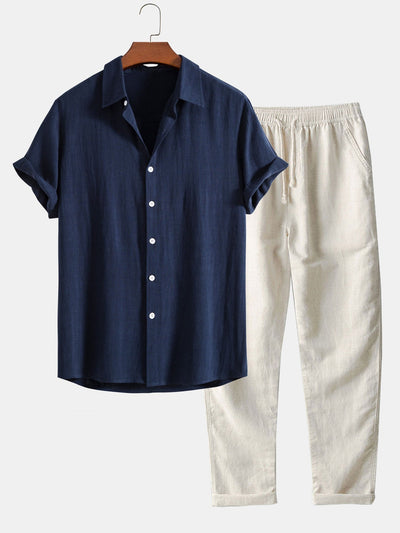 Homme Ensemble Chemise Manches Courtes et Pantalon à Cordon Regular Fit