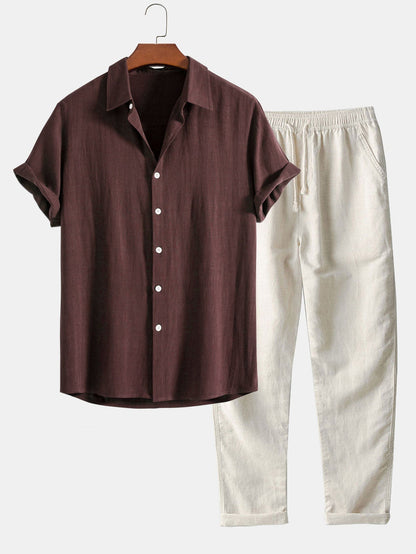 Homme Ensemble Chemise Manches Courtes et Pantalon à Cordon Regular Fit