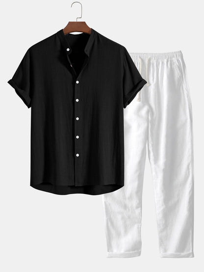 Homme Ensemble Chemise Manches Courtes et Pantalon à Cordon Regular Fit