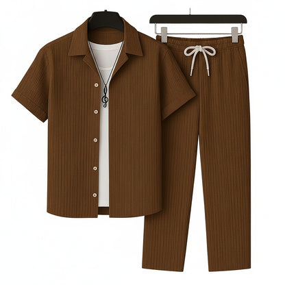 Homme Ensemble Chemise Manches Courtes et Pantalon avec Cordon de Serrage
