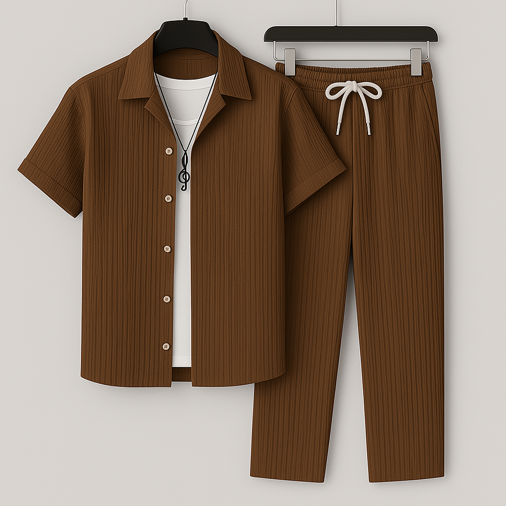 Homme Ensemble Chemise Manches Courtes et Pantalon avec Cordon de Serrage