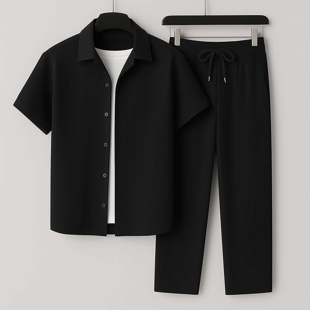 Homme Ensemble Chemise Manches Courtes et Pantalon avec Cordon de Serrage