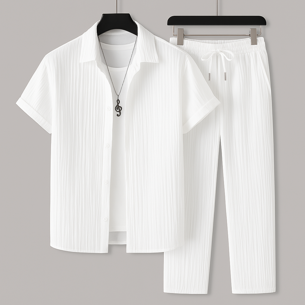 Homme Ensemble Chemise Manches Courtes et Pantalon avec Cordon de Serrage