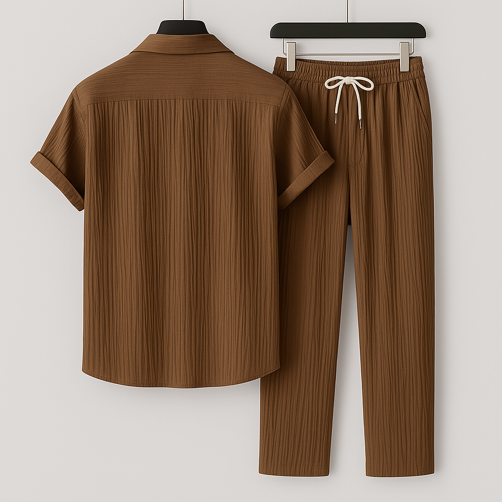 Homme Ensemble Chemise Manches Courtes et Pantalon avec Cordon de Serrage