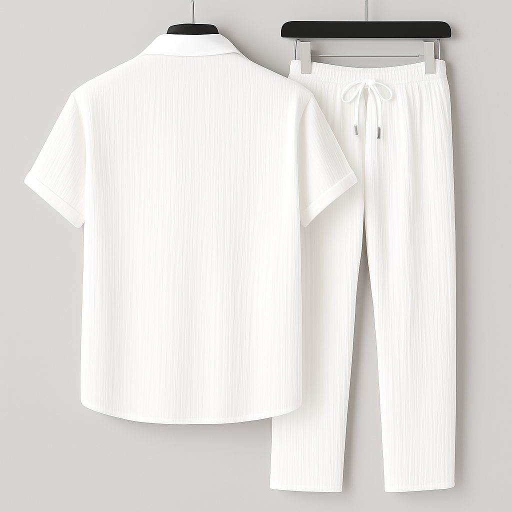 Homme Ensemble Chemise Manches Courtes et Pantalon avec Cordon de Serrage