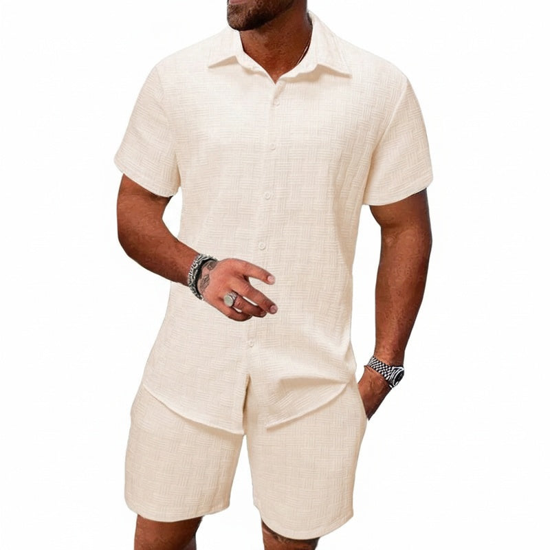 Homme Ensemble Chemise Manches Courtes et Short Assorti avec Col Cubain