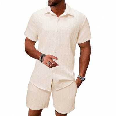 Homme Ensemble Chemise Manches Courtes et Short Assorti avec Col Cubain