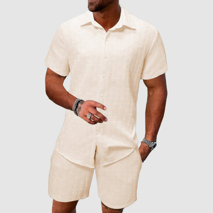 Homme Ensemble Chemise Manches Courtes et Short Assorti avec Col Cubain