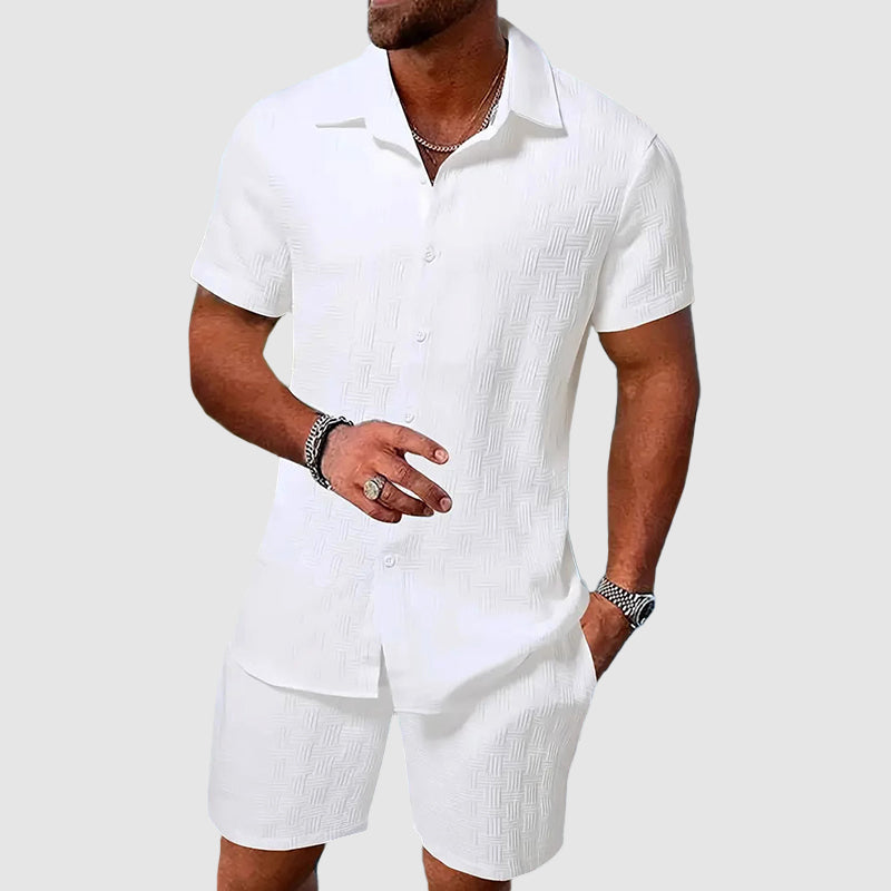 Homme Ensemble Chemise Manches Courtes et Short Assorti avec Col Cubain