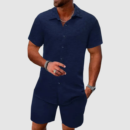 Homme Ensemble Chemise Manches Courtes et Short Assorti avec Col Cubain
