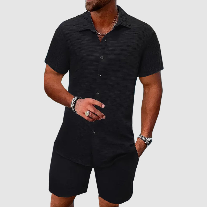 Homme Ensemble Chemise Manches Courtes et Short Assorti avec Col Cubain