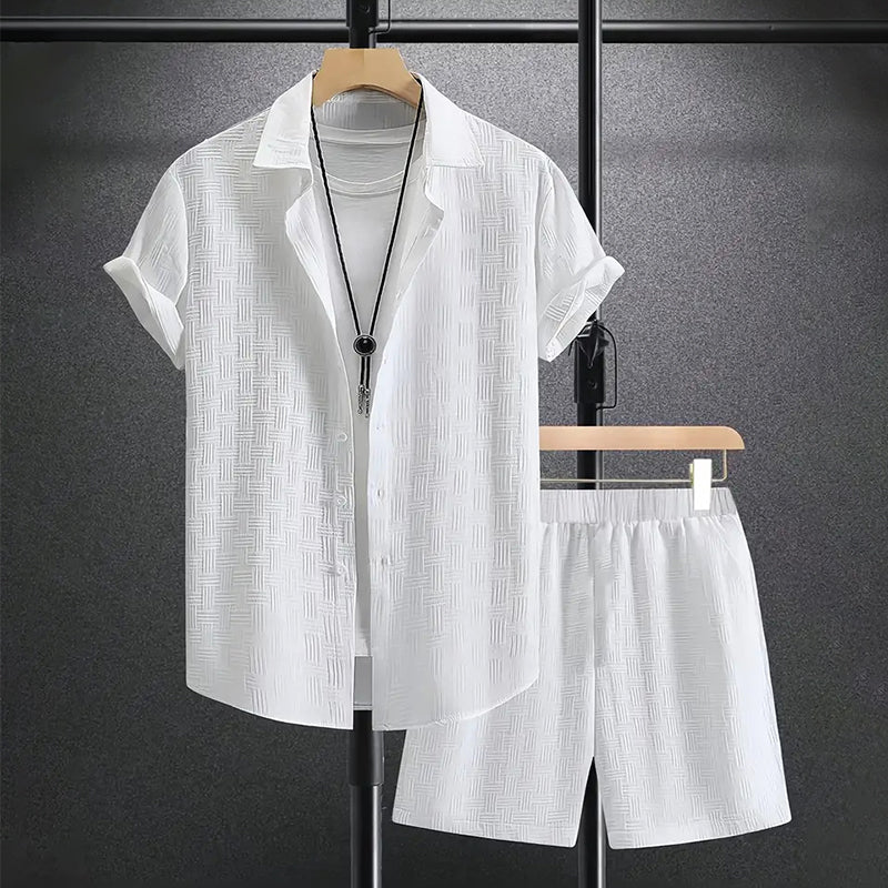 Homme Ensemble Chemise Manches Courtes et Short Assorti avec Col Cubain