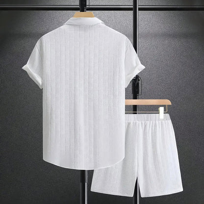 Homme Ensemble Chemise Manches Courtes et Short Assorti avec Col Cubain