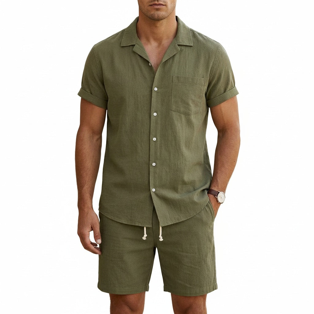 Homme Ensemble Chemise Manches Courtes et Short avec Col Cubain et Boutons