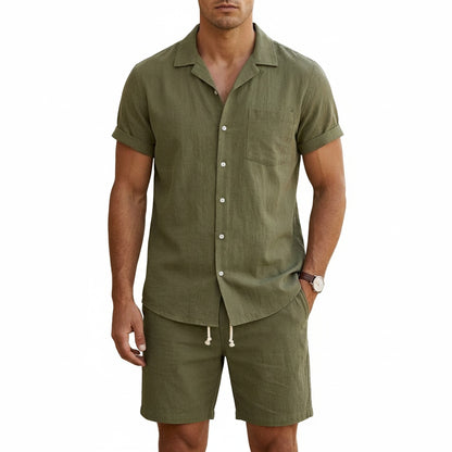 Homme Ensemble Chemise Manches Courtes et Short avec Col Cubain et Boutons