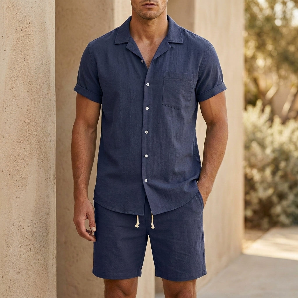 Homme Ensemble Chemise Manches Courtes et Short avec Col Cubain et Boutons