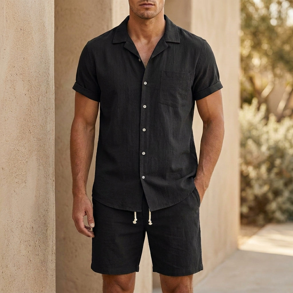 Homme Ensemble Chemise Manches Courtes et Short avec Col Cubain et Boutons
