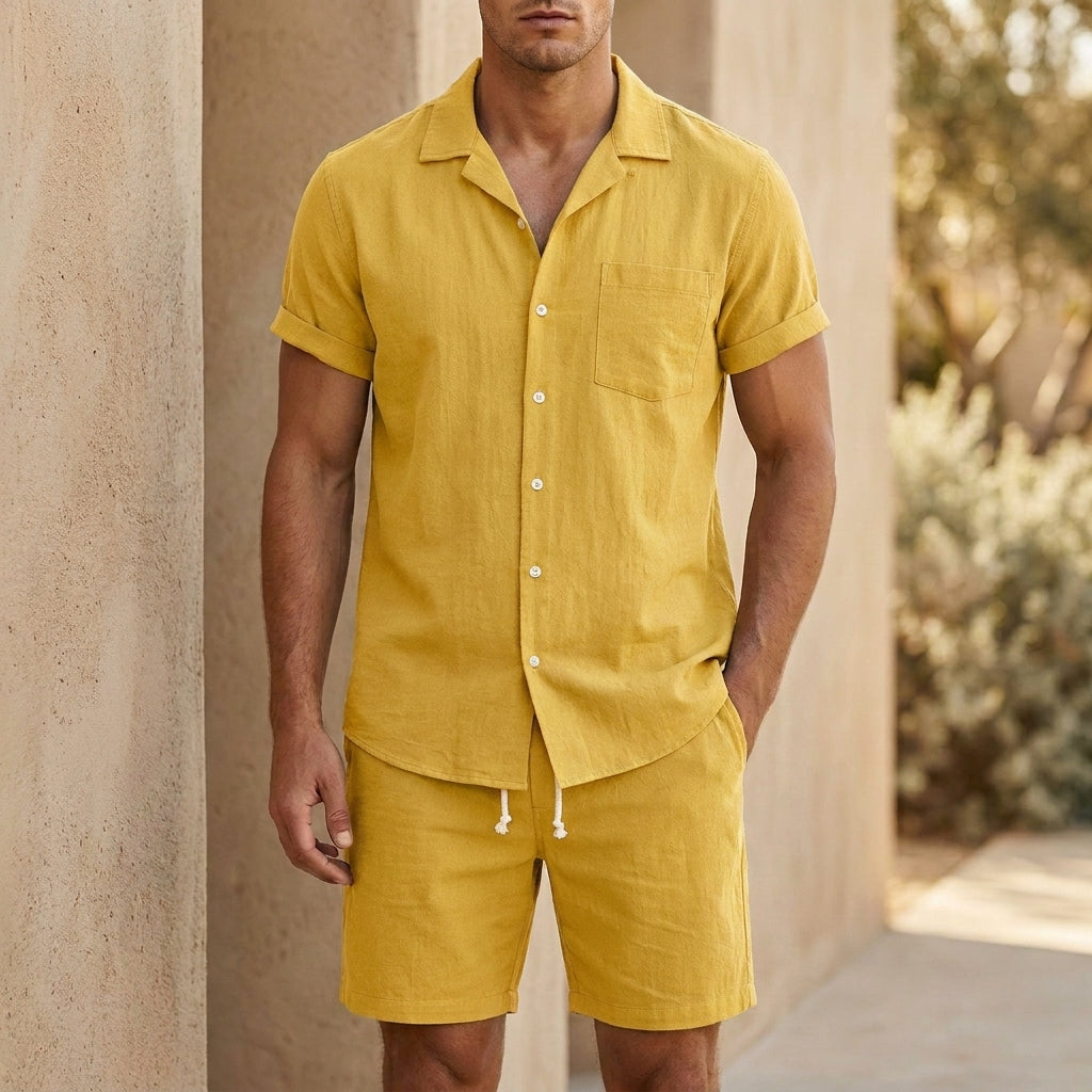 Homme Ensemble Chemise Manches Courtes et Short avec Col Cubain et Boutons