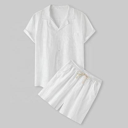 Homme Ensemble Chemise Manches Courtes et Short avec Col Cubain et Cordon