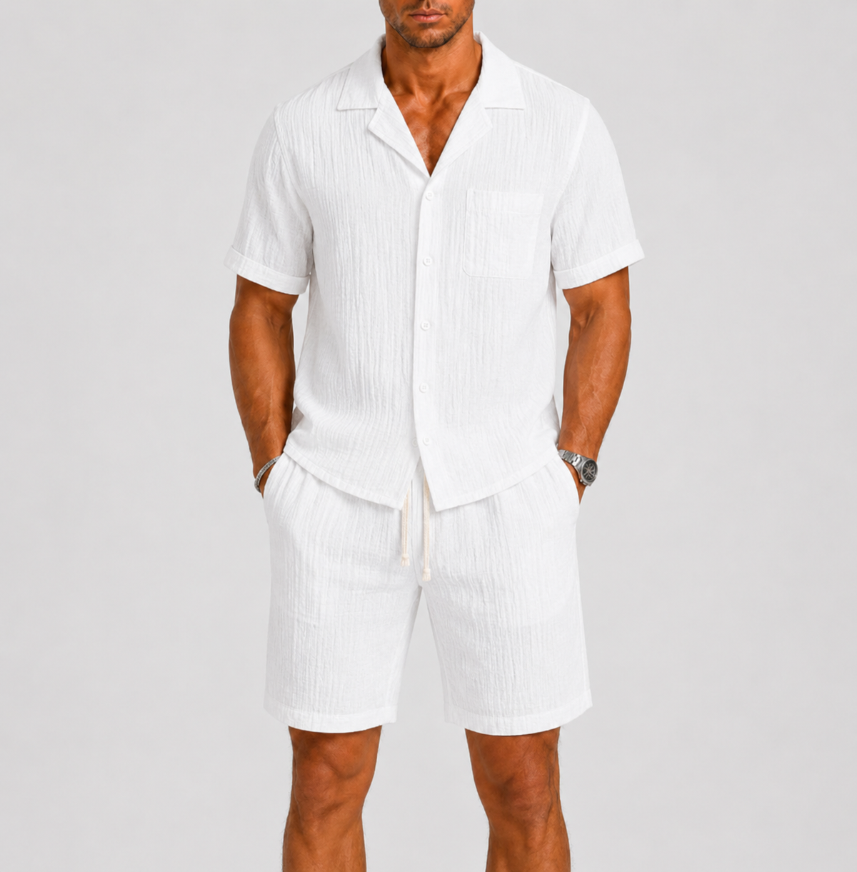 Homme Ensemble Chemise Manches Courtes et Short avec Col Cubain et Cordon