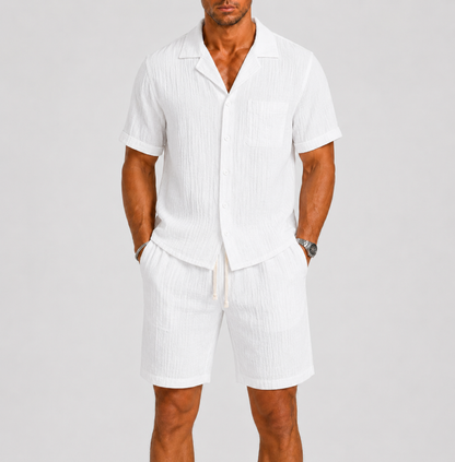 Homme Ensemble Chemise Manches Courtes et Short avec Col Cubain et Cordon