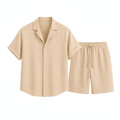 Homme Ensemble Chemise Manches Courtes et Short avec Col Cubain et Cordon