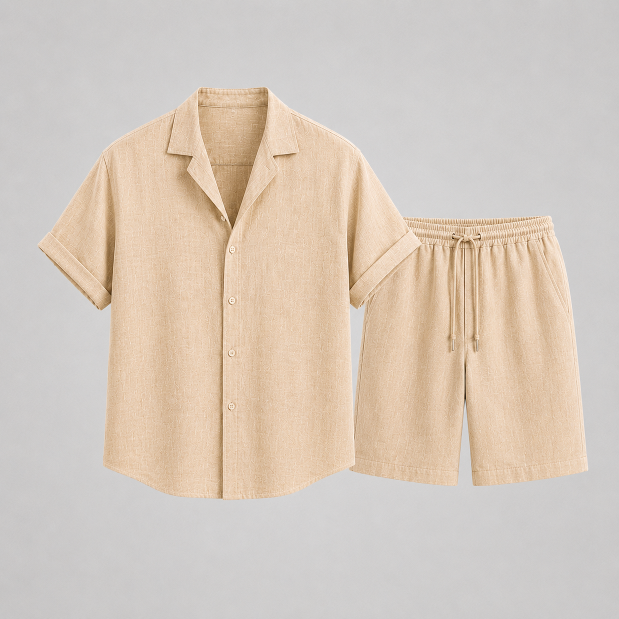 Homme Ensemble Chemise Manches Courtes et Short avec Col Cubain et Cordon