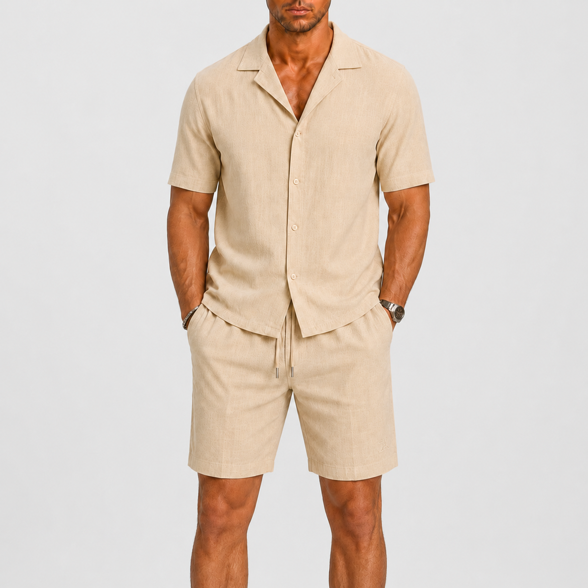 Homme Ensemble Chemise Manches Courtes et Short avec Col Cubain et Cordon