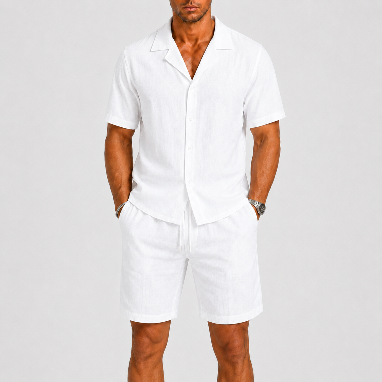 Homme Ensemble Chemise Manches Courtes et Short avec Col Cubain et Cordon
