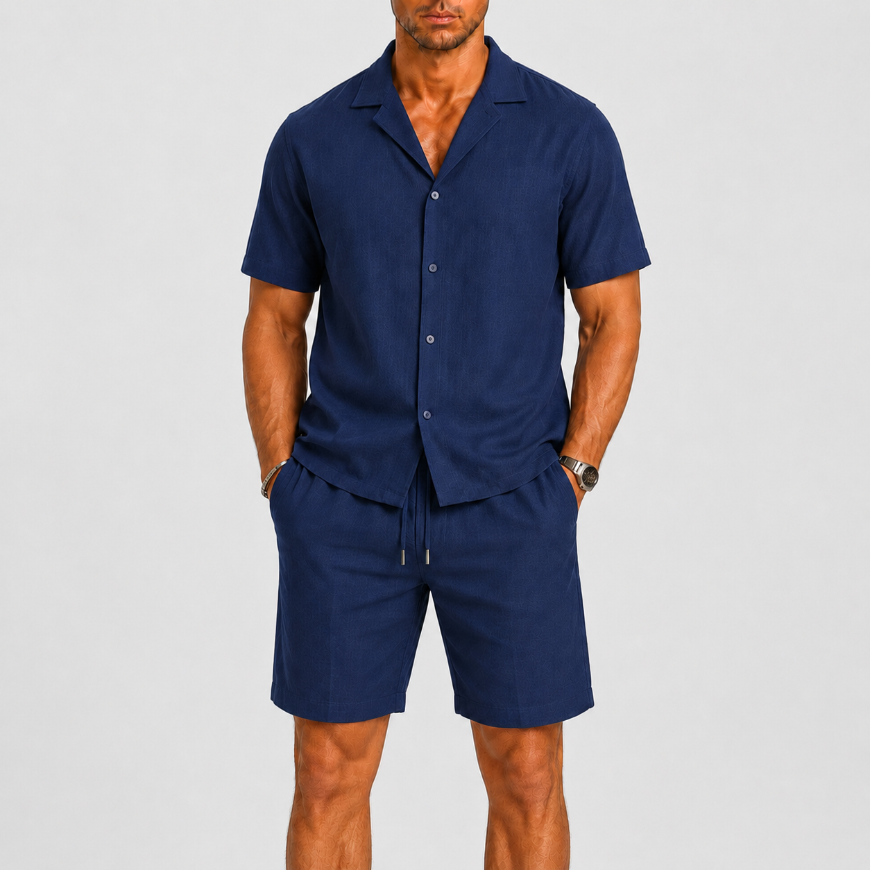 Homme Ensemble Chemise Manches Courtes et Short avec Col Cubain et Cordon