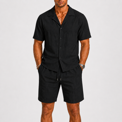 Homme Ensemble Chemise Manches Courtes et Short avec Col Cubain et Cordon