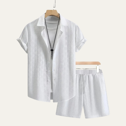 Homme Ensemble Chemise Manches Courtes et Short Coordonné avec Col à Revers et Boutons