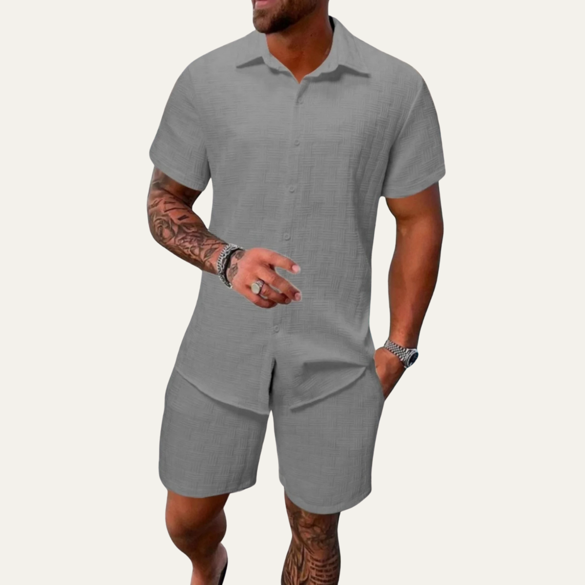 Homme Ensemble Chemise Manches Courtes et Short Coordonné avec Col à Revers et Boutons