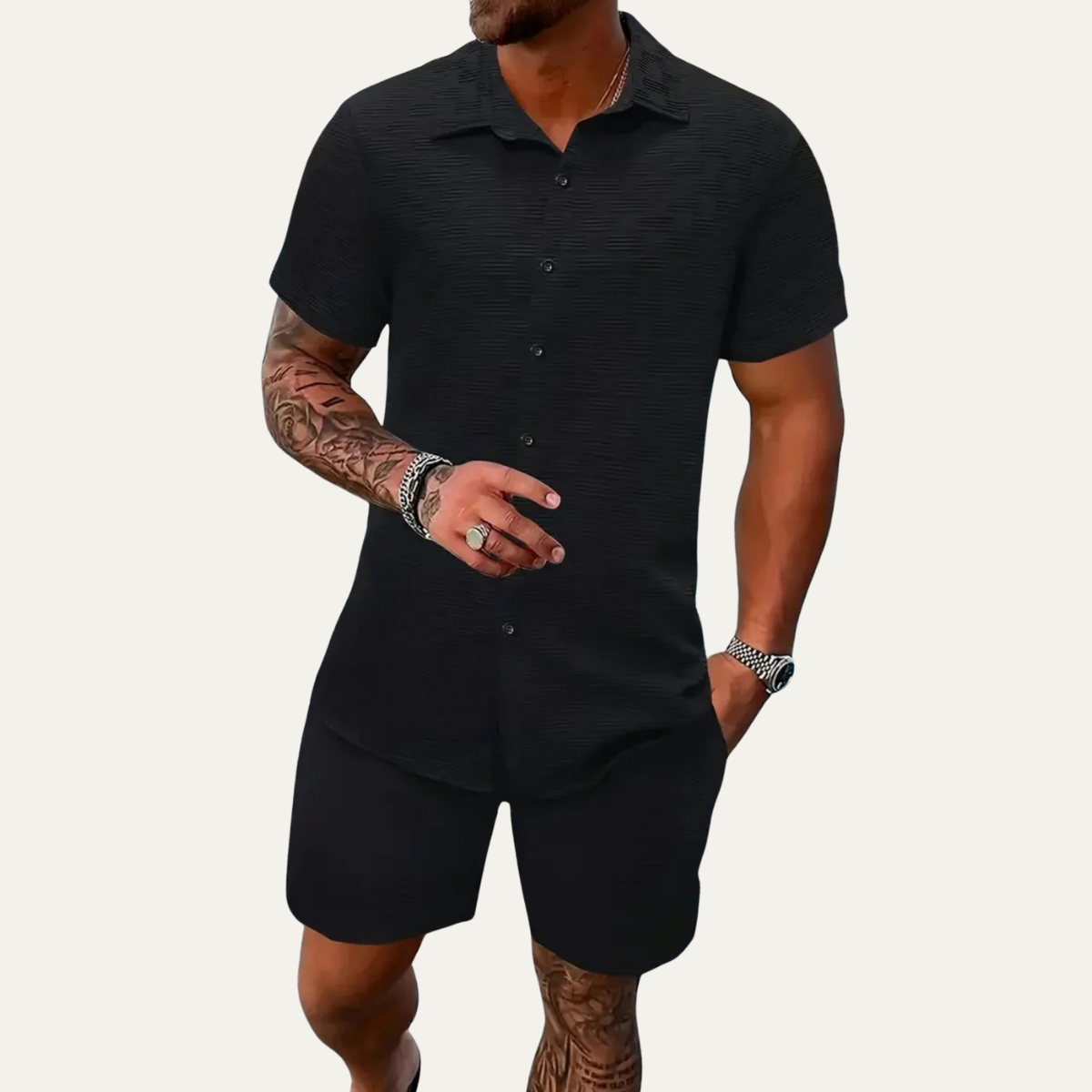 Homme Ensemble Chemise Manches Courtes et Short Coordonné avec Col à Revers et Boutons