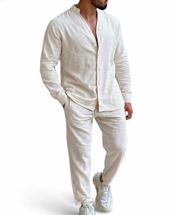 Homme Ensemble Chemise Manches Longues et Pantalon Col Mao Coupe Décontractée