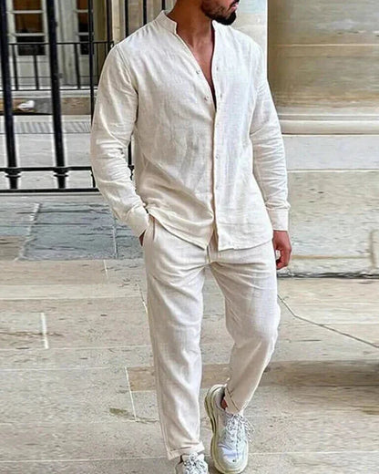 Homme Ensemble Chemise Manches Longues et Pantalon Col Mao Coupe Décontractée