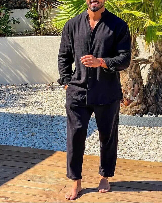 Homme Ensemble Chemise Manches Longues et Pantalon Col Mao Coupe Décontractée