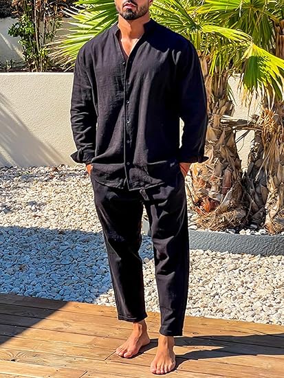 Homme Ensemble Chemise Manches Longues et Pantalon Col Mao Coupe Décontractée