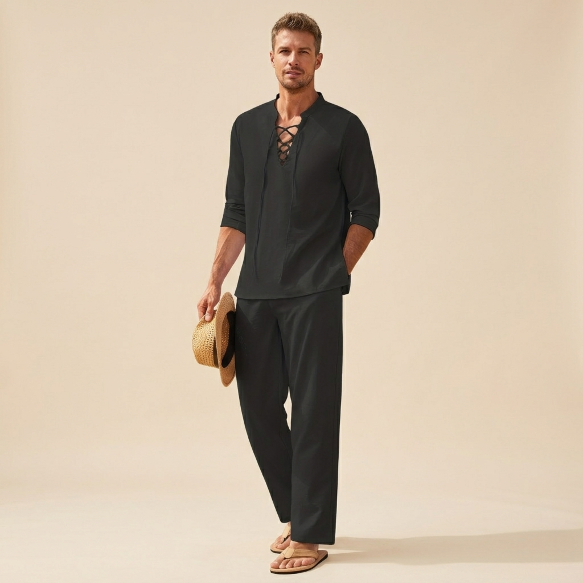 Homme Ensemble Deux Pièces Décontracté Manches Longues avec Lacet et Pantalon Large