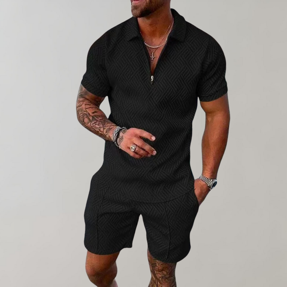 Homme Ensemble Polo Manches Courtes avec Short et Fermeture Éclair