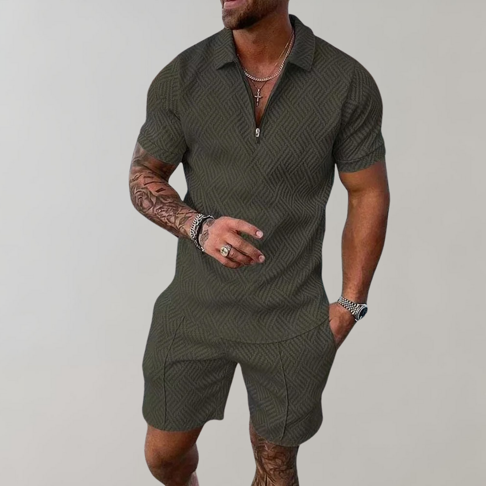 Homme Ensemble Polo Manches Courtes avec Short et Fermeture Éclair