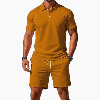 Homme Ensemble Polo Manches Courtes et Short avec Col Boutonné