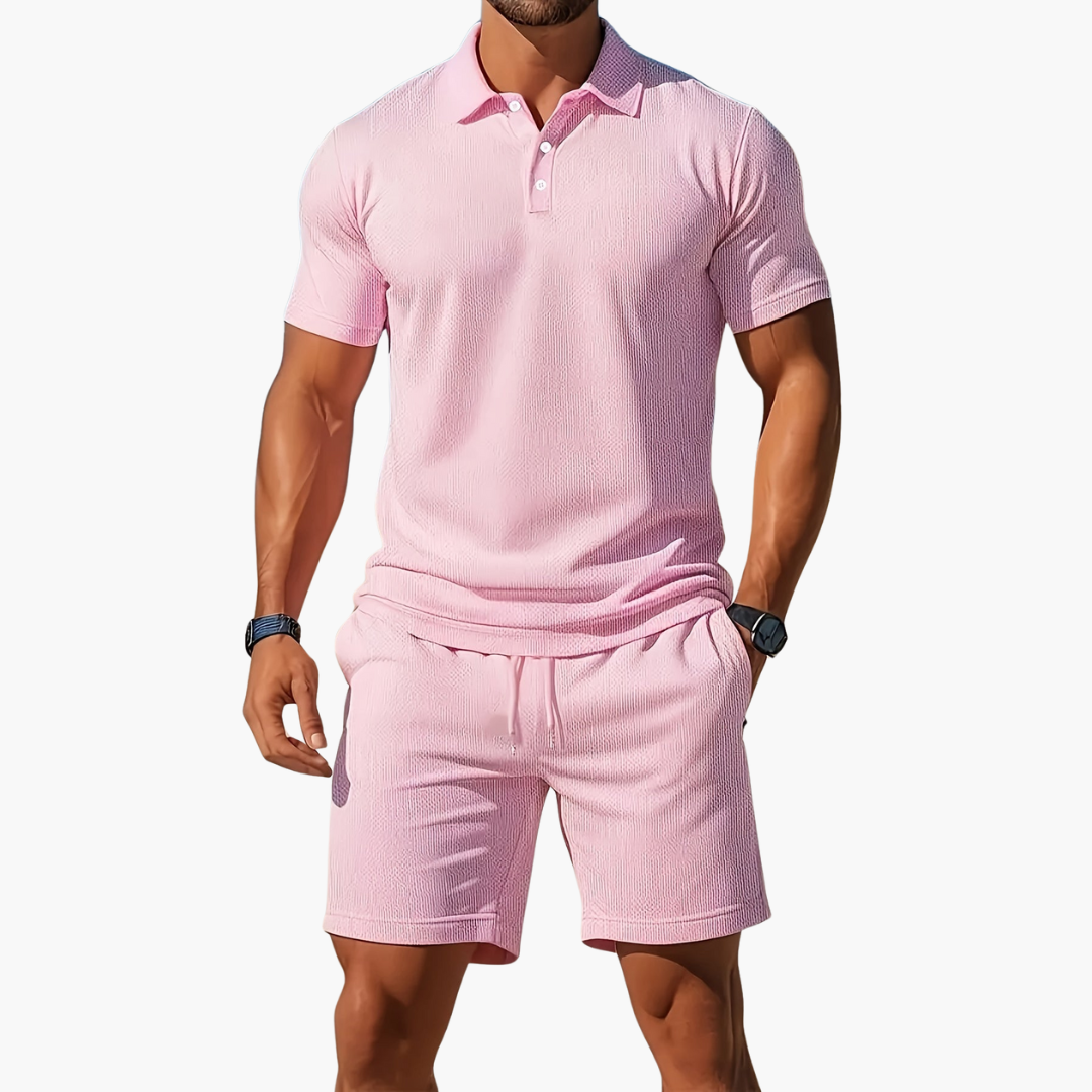 Homme Ensemble Polo Manches Courtes et Short avec Col Boutonné