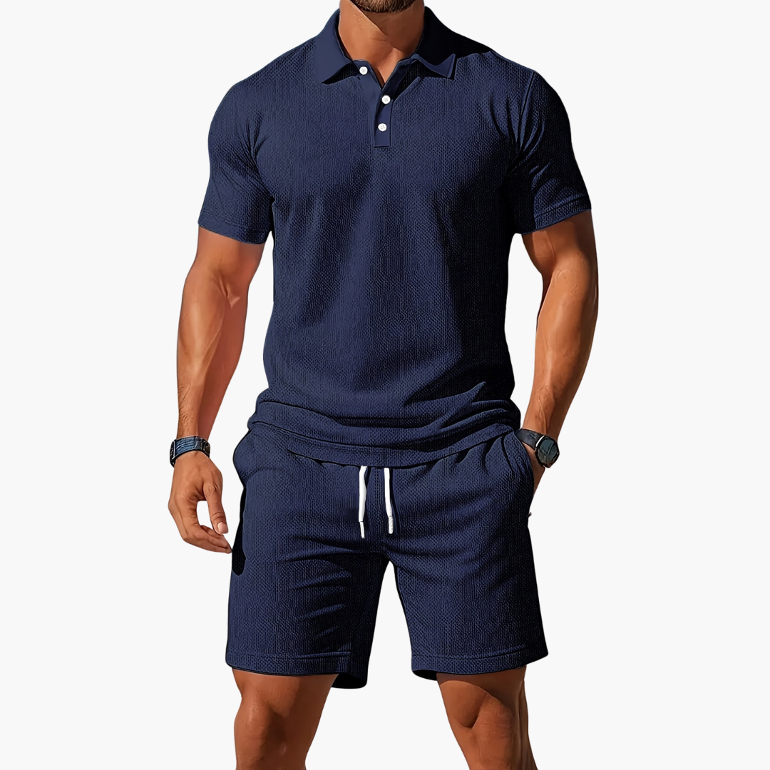 Homme Ensemble Polo Manches Courtes et Short avec Col Boutonné