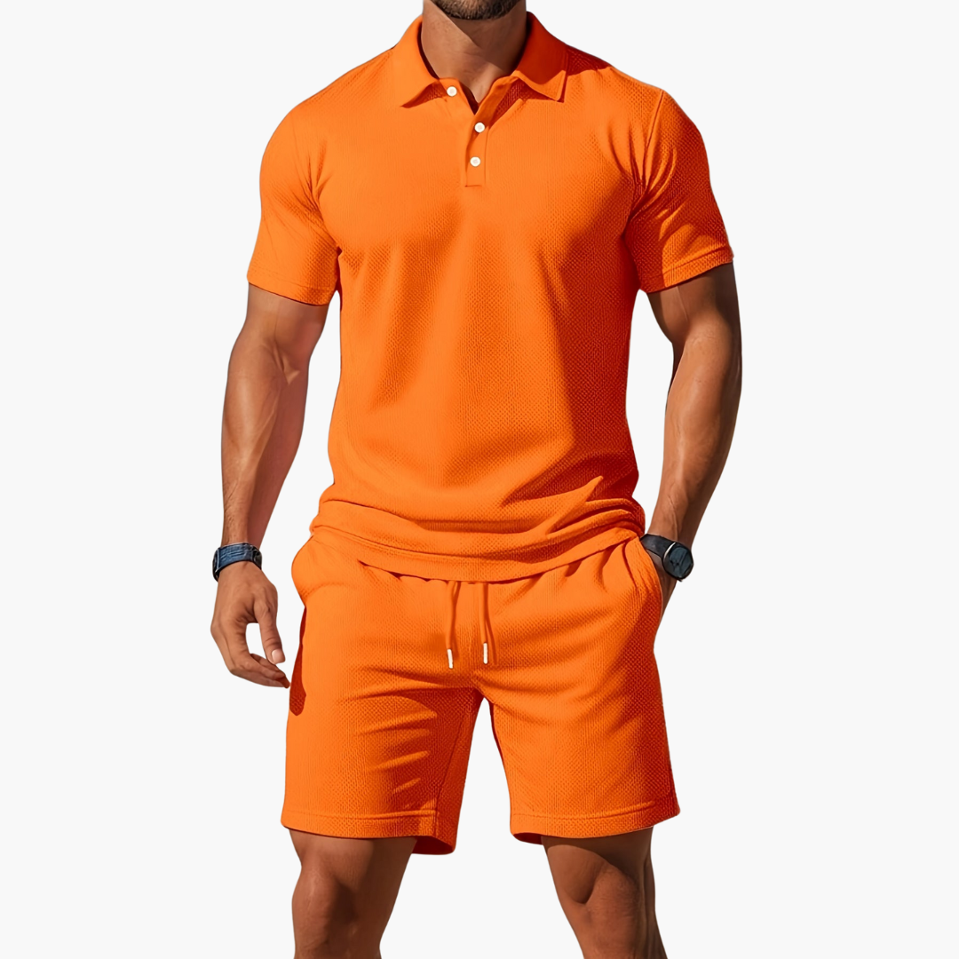 Homme Ensemble Polo Manches Courtes et Short avec Col Boutonné
