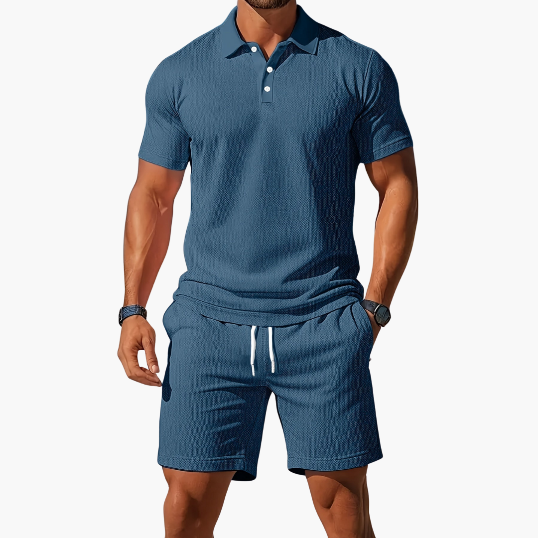 Homme Ensemble Polo Manches Courtes et Short avec Col Boutonné