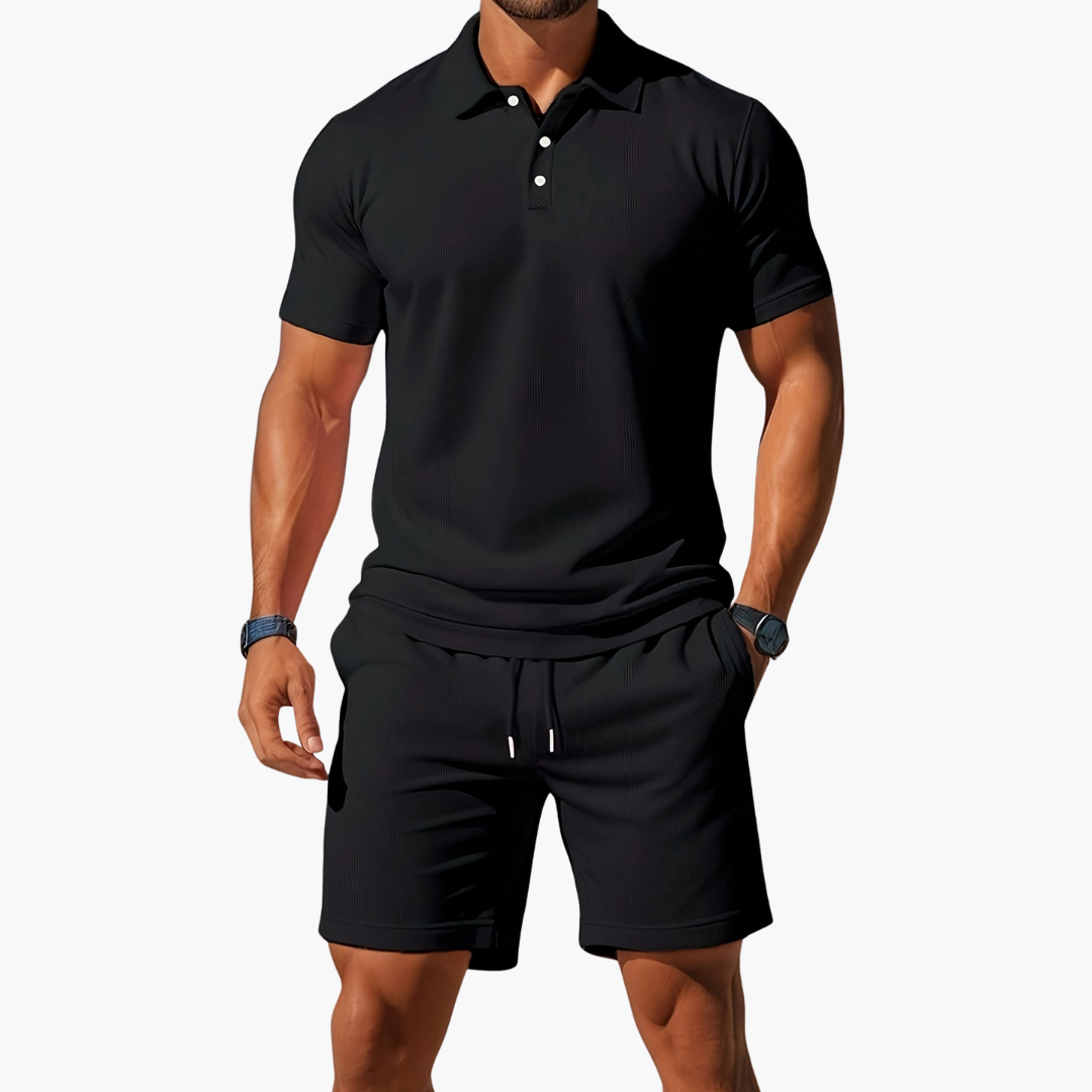 Homme Ensemble Polo Manches Courtes et Short avec Col Boutonné
