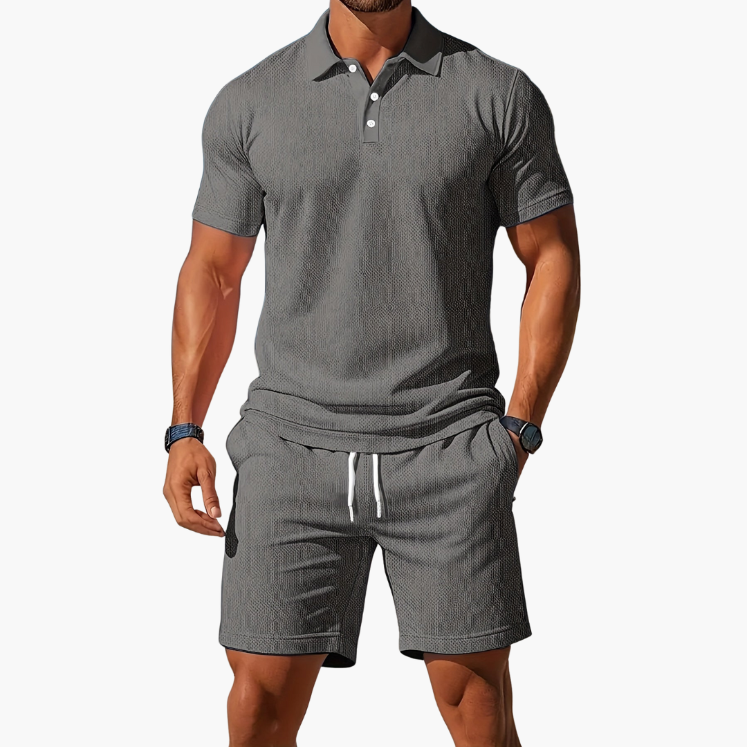 Homme Ensemble Polo Manches Courtes et Short avec Col Boutonné